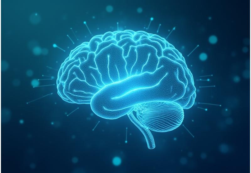 Μια φωτεινή, αφηρημένη απεικόνιση ενός εγκεφάλου ή ενός νευρωνικού δικτύου που αντιπροσωπεύει προηγμένους αλγορίθμους AI, με ψηφιακά στοιχεία να ρέουν γύρω του.