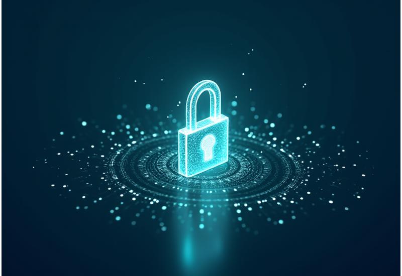 Κλειδαριά ασφαλείας με ψηφιακά δεδομένα να προστατεύονται γύρω της, με φουτουριστικό, καθαρό design.