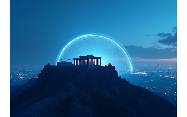 Φωτογραφία γέφυρας Ακρόπολης με μοντέρνη τεχνολογική επικάλυψη