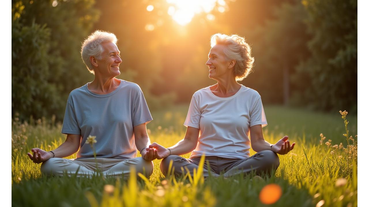 Ευτυχισμένο ζευγάρι μέσης ηλικίας που κάνει διαλογισμό σε ένα καταπράσινο, γαλήνιο φυσικό περιβάλλον