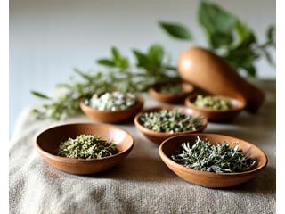 Ποικιλία ελληνικών βοτάνων και αρωματικών φυτών σε κεραμικά μπολ
