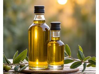 Φιάλες premium ελληνικού ελαιόλαδου σε ξύλινη επιφάνεια με φόντο ελαιώνα