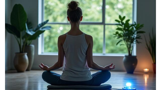 Άτομο σε ήρεμο περιβάλλον χρησιμοποιώντας συσκευή διαλογισμού