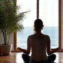 Ήρεμη ελληνική γυναίκα, άνω των 35, διαλογίζεται σε ένα μοντέρνο, άνετο χώρο με φυσικό φως και φυτά εσωτερικού χώρου.