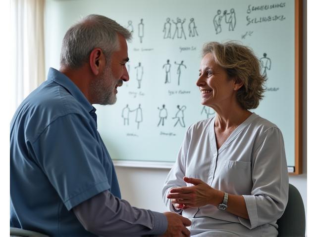 Ένας Έλληνας ειδικός υγείας, άνω των 40, χαμογελαστός, εξηγεί κάτι σε μία ηλικιωμένη γυναίκα, άνω των 35, σε ένα φωτεινό, μοντέρνο περιβάλλον, με φόντο έναν πίνακα με διαγράμματα υγείας.