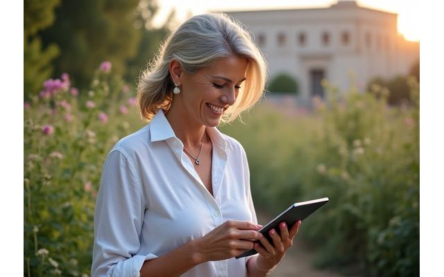 Μια γυναίκα, άνω των 35, διαβάζει ψηφιακό περιεχόμενο ευεξίας σε ένα τάμπλετ σε ένα φωτεινό, πράσινο περιβάλλον, με φόντο το ελληνικό τοπίο και στοιχεία τεχνολογίας.