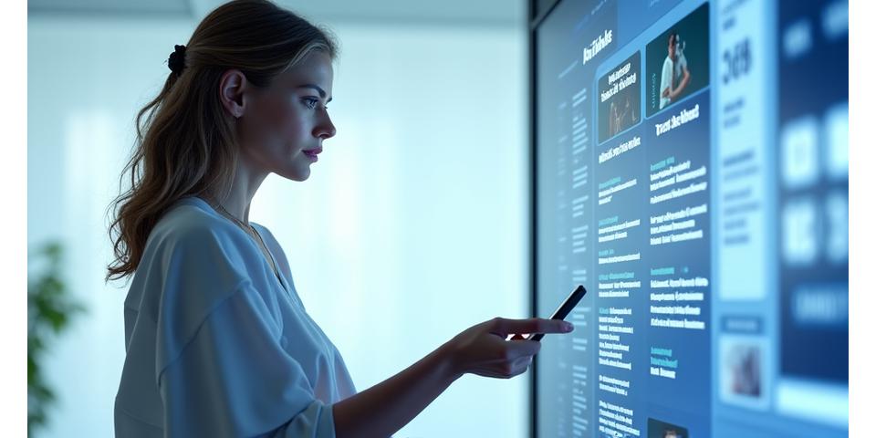 Γυναίκα, άνω των 35, κοιτάζει μια οθόνη με εξατομικευμένες συστάσεις υγείας και ευεξίας, με στοιχεία ελληνικού design και τεχνολογικές διεπαφές.