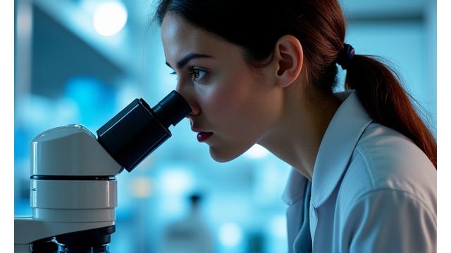 Ένας ερευνητής, άνω των 40, εξετάζει μικροσκόπιο σε ένα μοντέρνο, φωτεινό εργαστήριο, με επιστημονικό εξοπλισμό στο φόντο.