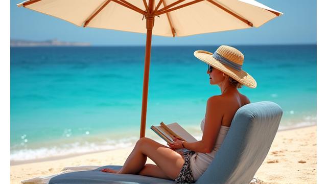 Μια γυναίκα, άνω των 35, προστατεύεται από τον ήλιο στην παραλία της Ελλάδας, με ένα μοντέρνο καπέλο και γυαλιά, απολαμβάνοντας την καλοκαιρινή ηλιοφάνεια υπεύθυνα.