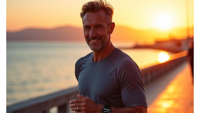 Ένας άντρας άνω των 40, κοιτάζει το smartwatch του ενώ κάνει γρήγορο περπάτημα στην παραλία της Αττικής, με το ηλιοβασίλεμα στο βάθος.