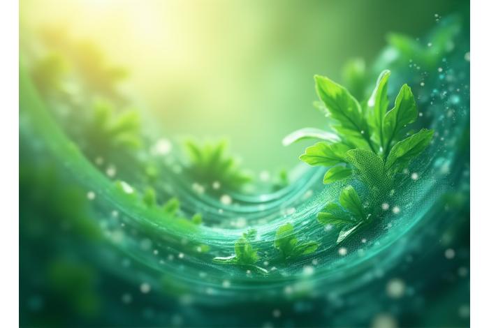 Αφηρημένη εικόνα ροής δεδομένων σε ένα ασφαλές ψηφιακό περιβάλλον, με φόντο στοιχεία wellness όπως φύλλα και ήρεμο φως. Χρώματα στα πλαίσια της παλέτας μας.