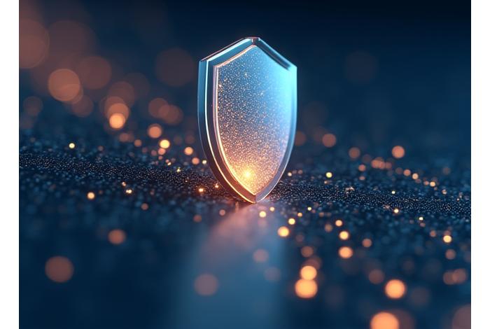 Αφηρημένη απεικόνιση μιας ασπίδας που συμβολίζει την προστασία δεδομένων, με δεδομένα να ρέουν από μέσα της, ενσωματώνοντας το λογότυπο του GDPR, σε αποχρώσεις του μπλε και του πράσινου.