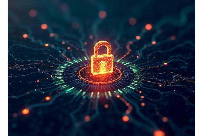 Αφηρημένο σχέδιο ενός ψηφιακού κλειδαριού σε ένα κυβερνο-περιβάλλον, με στοιχεία κρυπτογράφησης και ασφαλούς δικτύου. Σύγχρονη, υψηλής τεχνολογίας αισθητική.