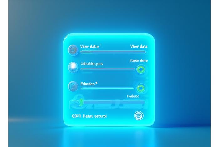 Μια ψηφιακή διεπαφή με κουμπιά και sliders που συμβολίζουν τον έλεγχο του χρήστη επί των δεδομένων του, με διακριτικά εικονίδια GDPR. Χρώματα που υποδηλώνουν ασφάλεια και έλεγχο.