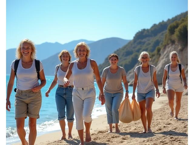 Ομάδα ατόμων να συλλέγει σκουπίδια σε μια ελληνική παραλία, με φόντο το γαλάζιο της θάλασσας, συμβολίζοντας την κοινοτική δράση για περιβαλλοντική ευεξία.