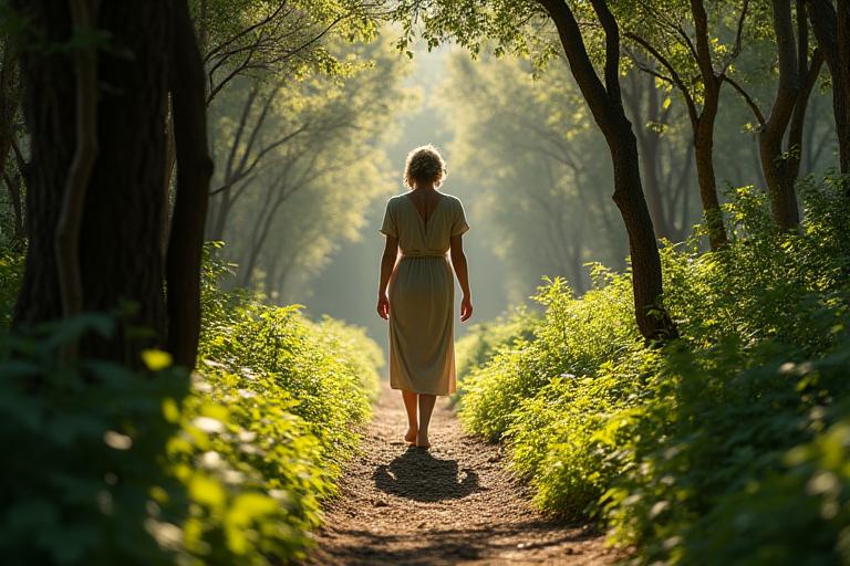 Ένα άτομο ακολουθεί έναν οδηγό forest bathing σε ένα μονοπάτι μέσα σε ελληνικό δάσος, με έντονη αίσθηση ηρεμίας και σύνδεσης με τη φύση, το φως του ήλιου να φωτίζει το μονοπάτι.