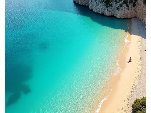 Ηλιόλουστη παραλία με κρυστάλλινα νερά σε ελληνικό νησί, ιδανική για θαλασσοθεραπεία και χαλάρωση, με ένα άτομο να κάνει γιόγκα κοντά στην ακτή.