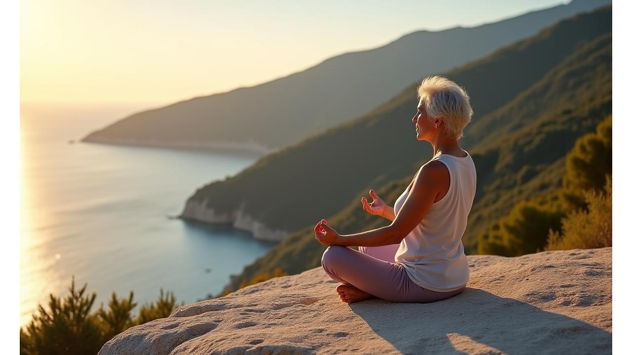 Γυναίκα σε κατάσταση διαλογισμού σε ένα καταπράσινο ελληνικό τοπίο με θέα τη θάλασσα, συνδυάζοντας την ηρεμία της φύσης με την προσωπική ευεξία.