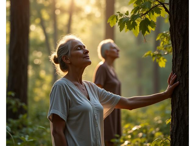 Μια ομάδα ανθρώπων συμμετέχει σε forest bathing (Shinrin-yoku) σε ένα ελληνικό δάσος, με καθοδήγηση, αναπνέοντας βαθιά και συνδέοντας με το περιβάλλον.