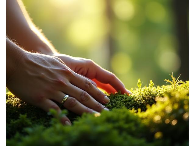 Ένα άτομο κάνει ασκήσεις αναπνοής μέσα σε ένα πυκνό δάσος, με το φως του ήλιου να διαπερνά τα φύλλα, συμβολίζοντας τα οφέλη της φύσης για την ψυχική υγεία.