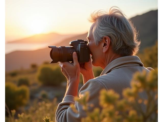 Μια γυναίκα με φωτογραφική μηχανή να φωτογραφίζει ένα εντυπωσιακό ελληνικό τοπίο, με βουνά και θάλασσα, κατά τη χρυσή ώρα, ενισχύοντας τη συνειδητότητα.