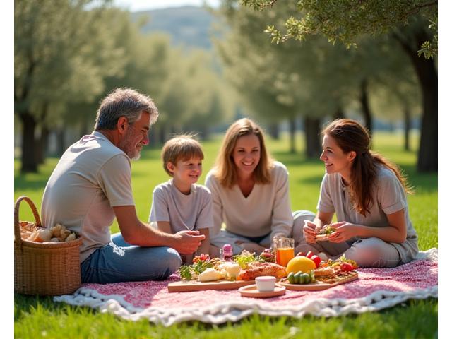 Μια οικογένεια απολαμβάνει ένα πικνίκ με υγιεινά, τοπικά προϊόντα σε ένα καταπράσινο πάρκο στην Ελλάδα, με ηλιόλουστη ατμόσφαιρα.