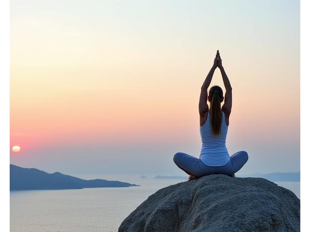 Ένας ενήλικας κάνει yoga σε ένα μυστικό σημείο σε βράχο με θέα την ελληνική θάλασσα, κατά τη διάρκεια της ανατολής του ηλίου, συμβολίζοντας την εξωτερική άσκηση.