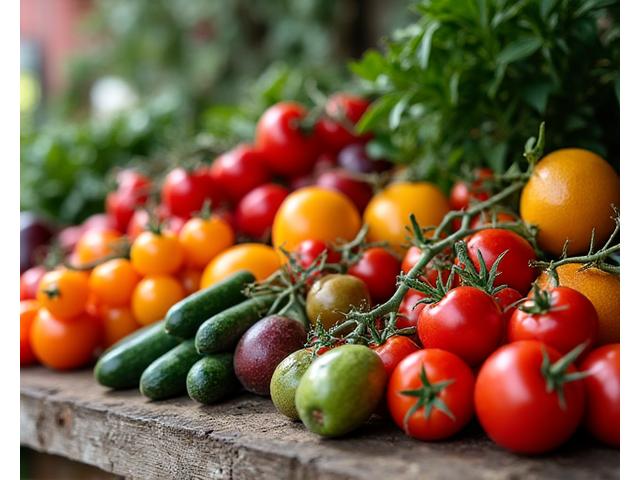 Ένα τραπέζι γεμάτο με φρέσκα, τοπικά και εποχιακά φρούτα και λαχανικά από ελληνική αγορά, με ζεστό φως, έτοιμα για ένα plant-based γεύμα.