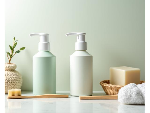 Ένα καλά οργανωμένο μπάνιο με zero-waste προϊόντα περιποίησης, όπως στερεά σαπούνια, μπαμπού οδοντόβουρτσες, και reusable δοχεία, σε γήινους τόνους.