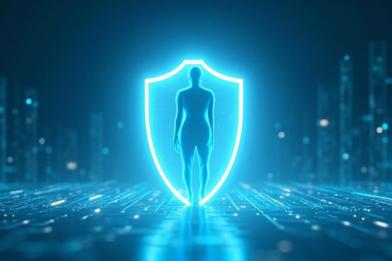 Μια φωτεινή, ψηφιακή ασπίδα προστατεύει ένα χαμογελαστό άτομο που ασχολείται με διαλογισμό, ενώ ορίζοντες ηλεκτρονικών κυκλωμάτων απεικονίζουν περιορισμούς.